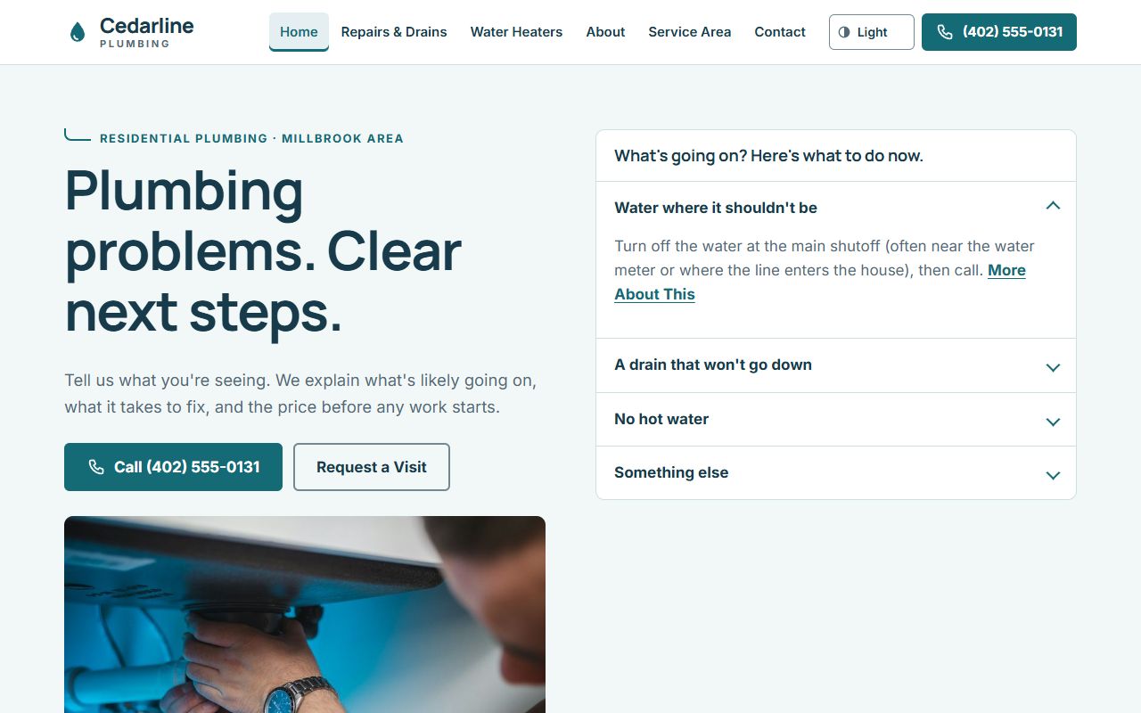 Screenshot of the Cedarline Plumbing example website