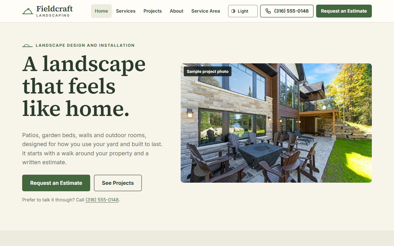 Screenshot of the Fieldcraft Landscaping example website